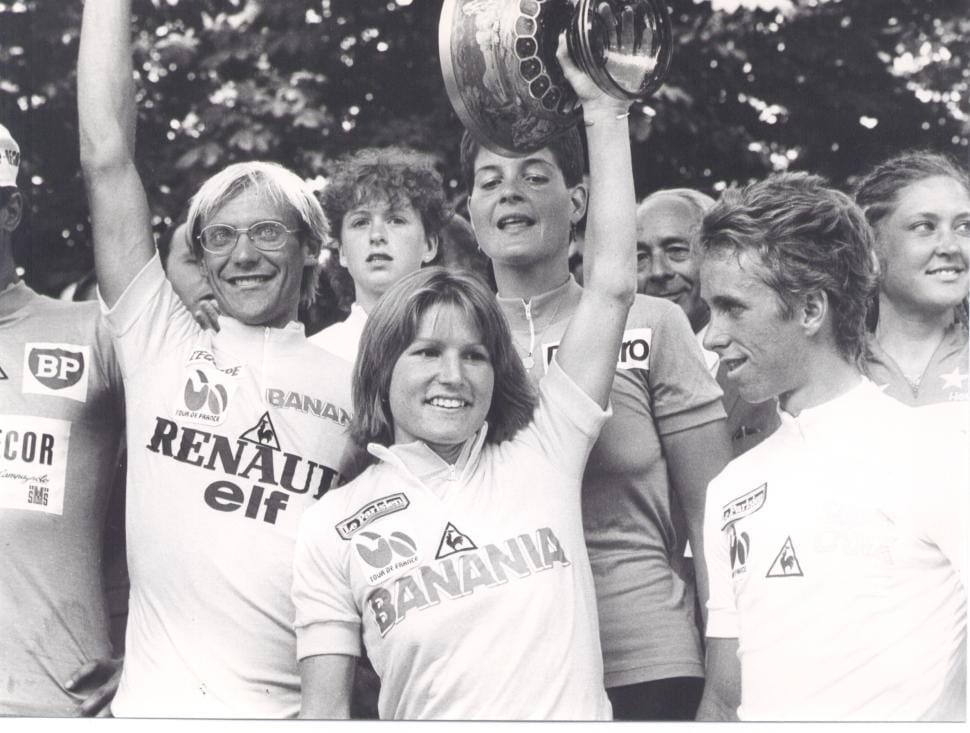 Marianne Martin, Greg LeMond, and Laurent Fignon, 1984 Tour de France podium (US Bicycling Hall of Fame)